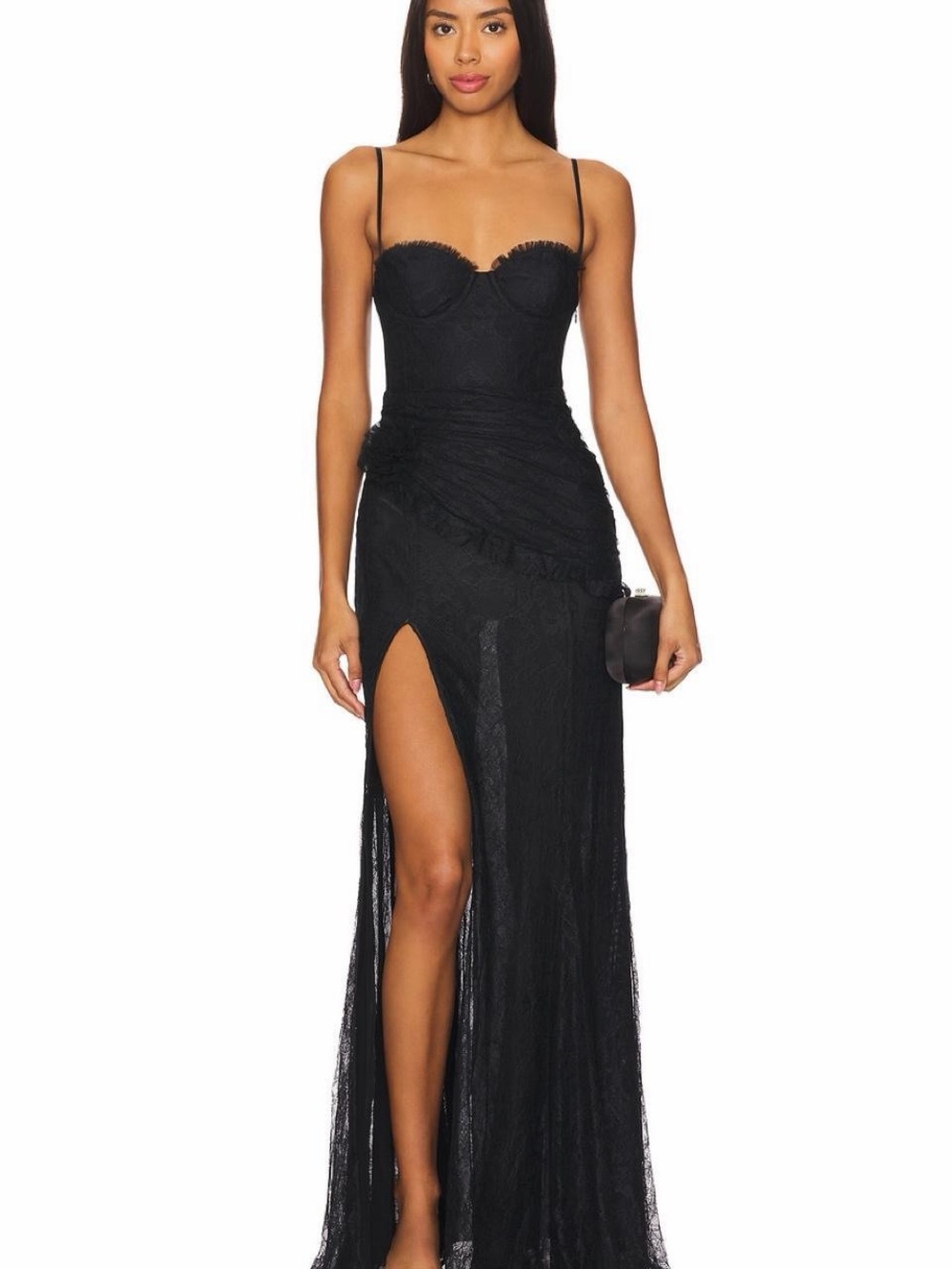 NWT Majorella Black Lace Bustier Slit Evening Dress